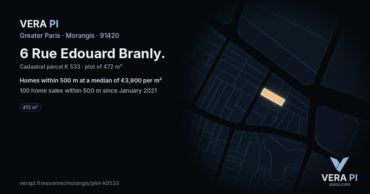 6 Rue Edouard Branly, Morangis at night – the plot lit, the parcels around coloured by the prices near them