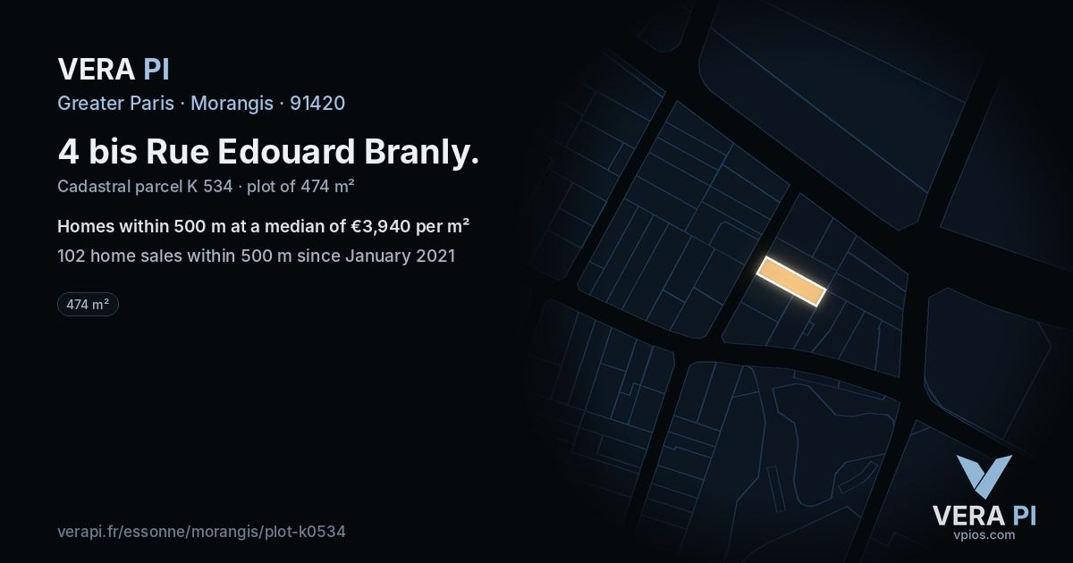 4 bis Rue Edouard Branly, Morangis at night – the plot lit, the parcels around coloured by the prices near them
