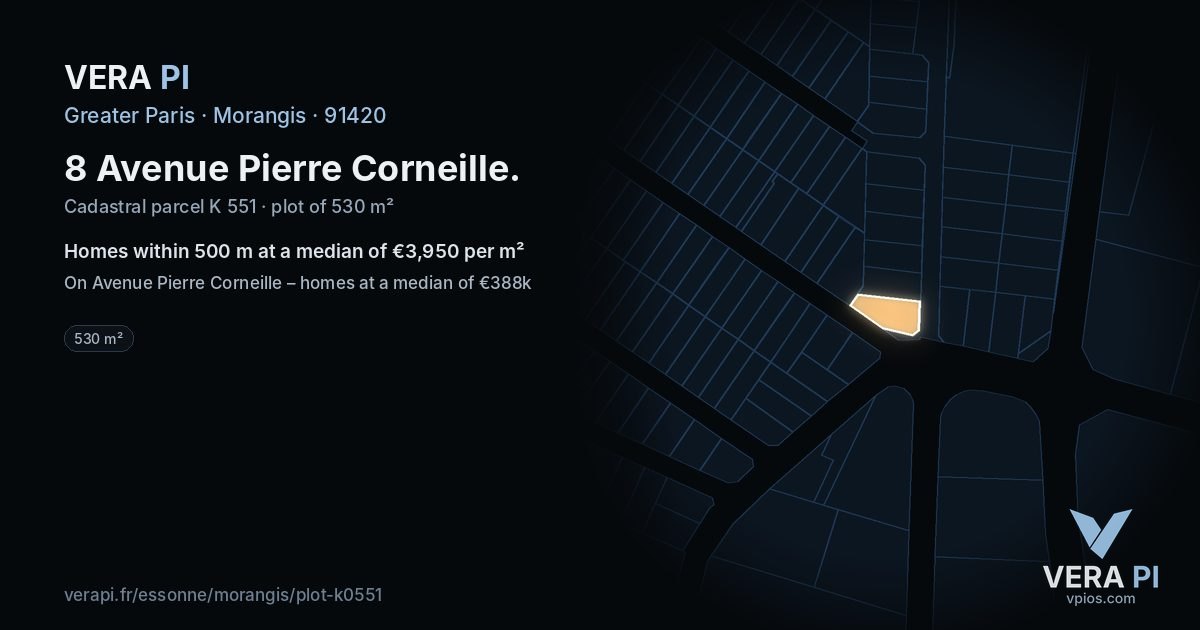 8 Avenue Pierre Corneille, Morangis at night – the plot lit, the parcels around coloured by the prices near them