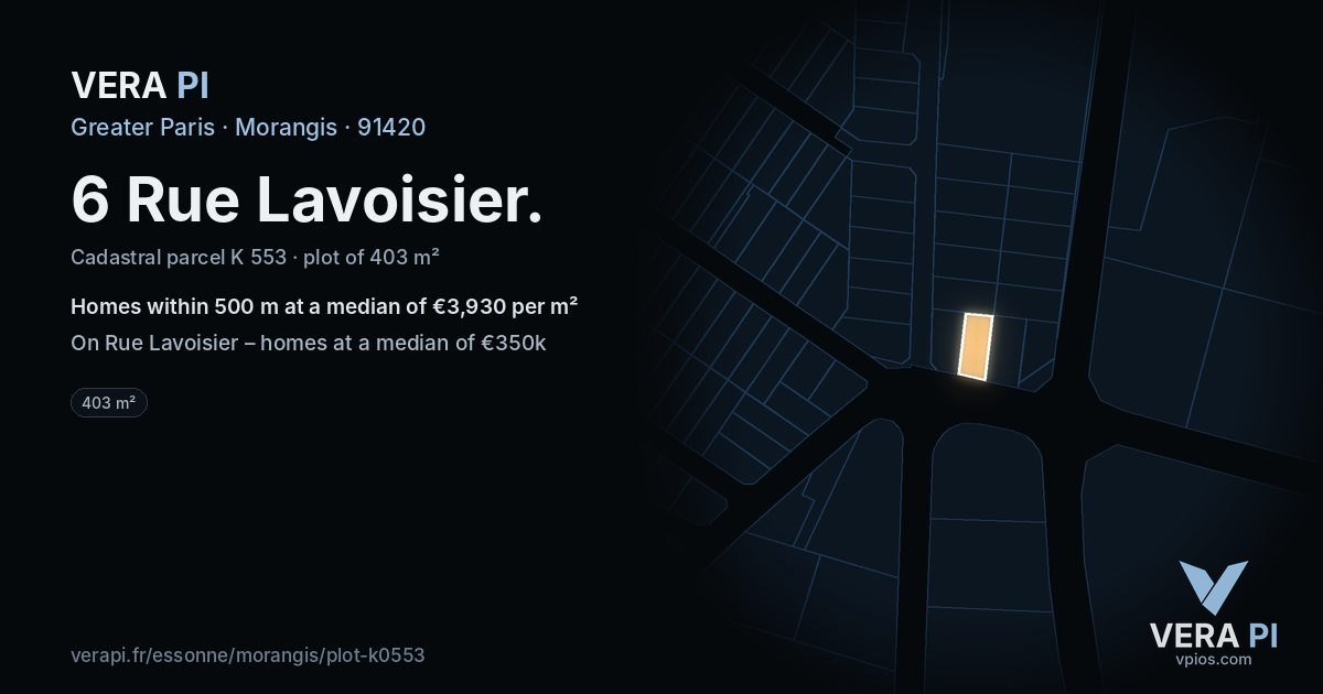 6 Rue Lavoisier, Morangis at night – the plot lit, the parcels around coloured by the prices near them