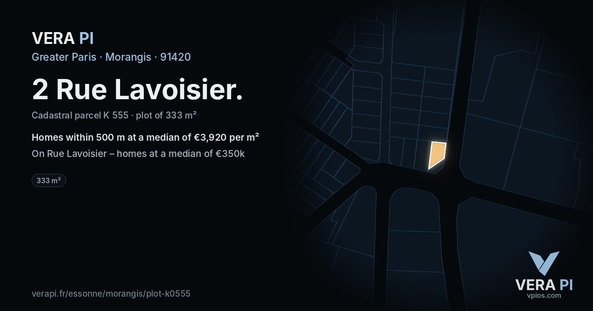 2 Rue Lavoisier, Morangis at night – the plot lit, the parcels around coloured by the prices near them