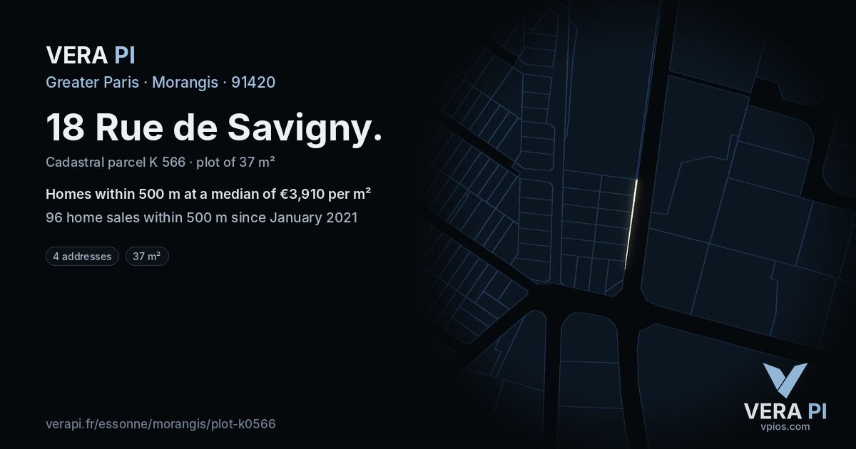 18 Rue de Savigny, Morangis at night – the plot lit, the parcels around coloured by the prices near them