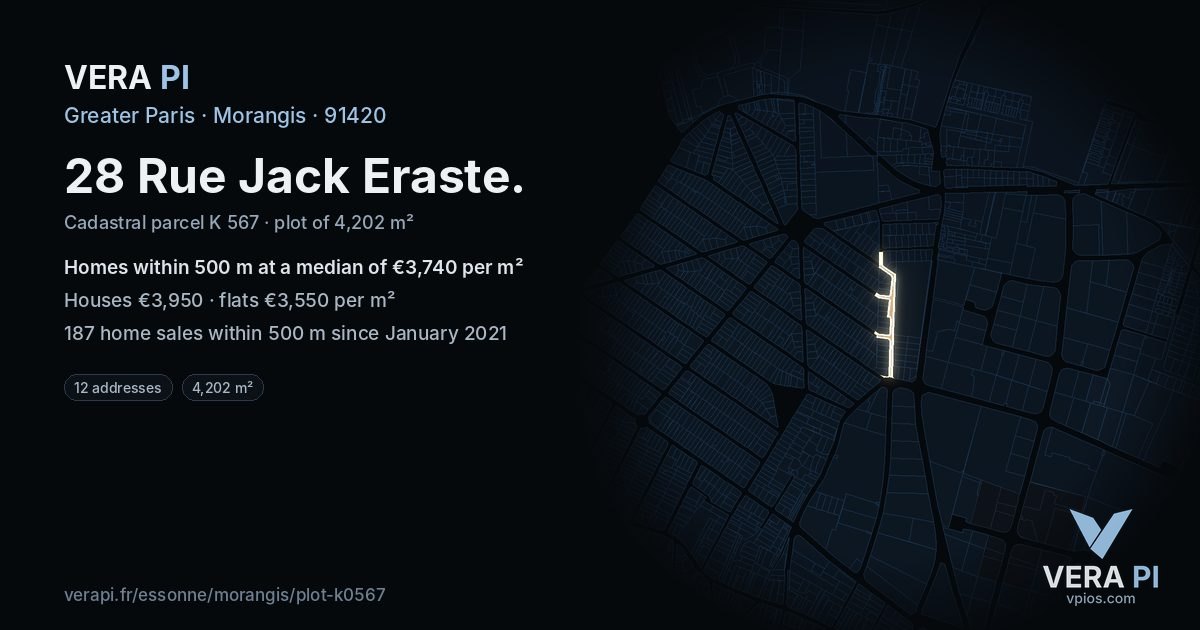 28 Rue Jack Eraste, Morangis at night – the plot lit, the parcels around coloured by the prices near them
