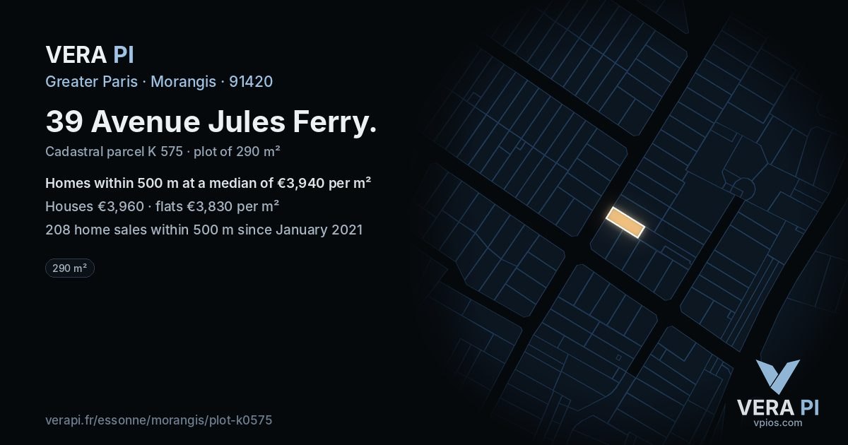 39 Avenue Jules Ferry, Morangis at night – the plot lit, the parcels around coloured by the prices near them