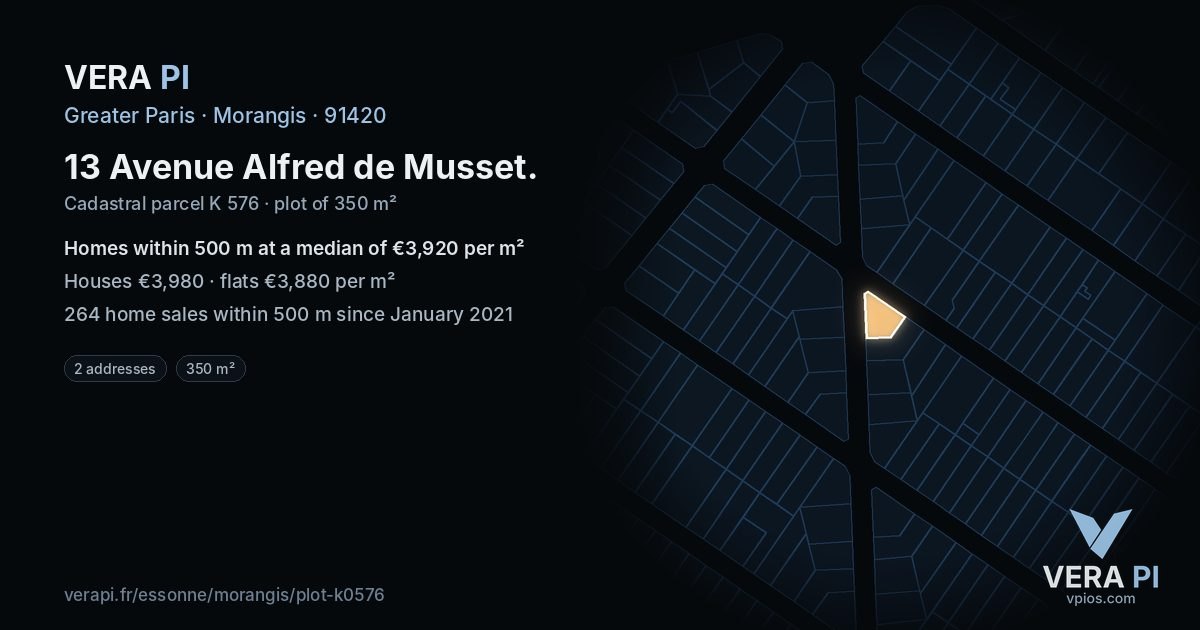 13 Avenue Alfred de Musset, Morangis at night – the plot lit, the parcels around coloured by the prices near them
