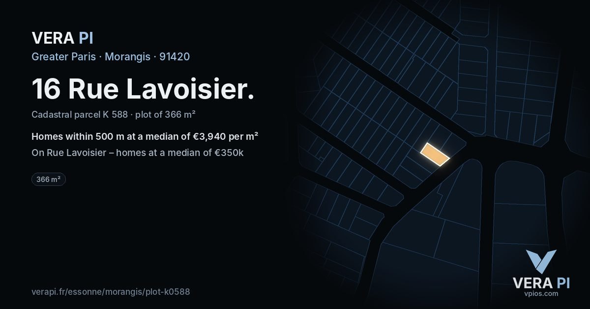 16 Rue Lavoisier, Morangis at night – the plot lit, the parcels around coloured by the prices near them
