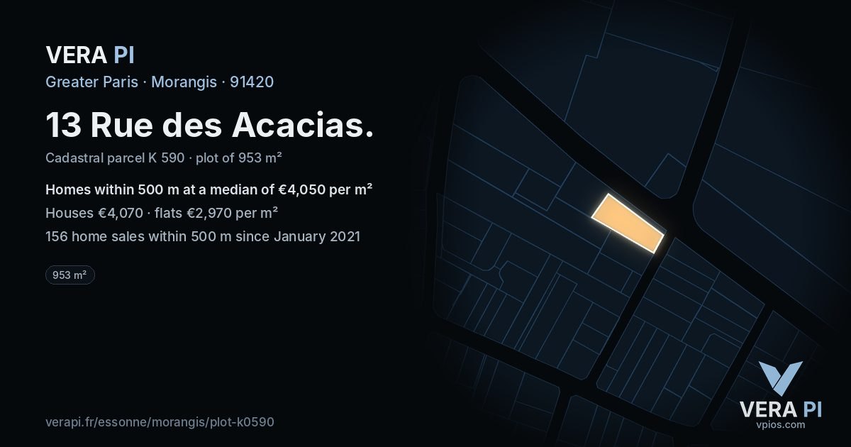 13 Rue des Acacias, Morangis at night – the plot lit, the parcels around coloured by the prices near them