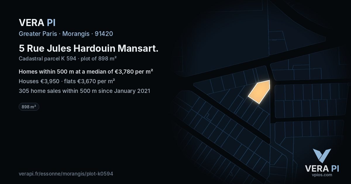 5 Rue Jules Hardouin Mansart, Morangis at night – the plot lit, the parcels around coloured by the prices near them