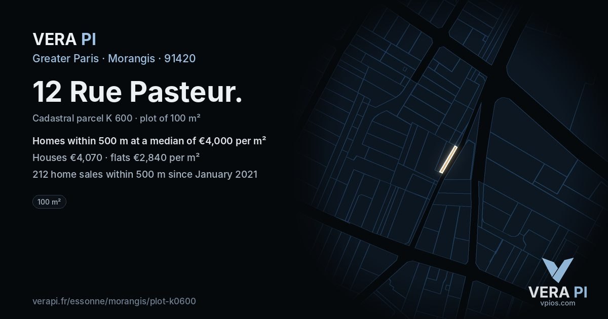 12 Rue Pasteur, Morangis at night – the plot lit, the parcels around coloured by the prices near them