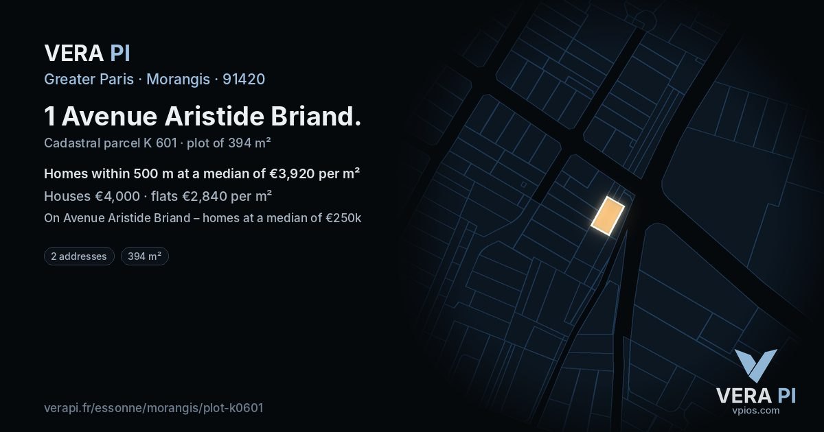 1 Avenue Aristide Briand, Morangis at night – the plot lit, the parcels around coloured by the prices near them