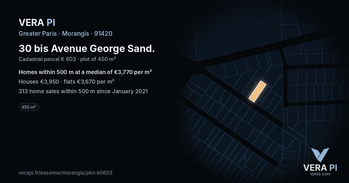 30 bis Avenue George Sand, Morangis at night – the plot lit, the parcels around coloured by the prices near them