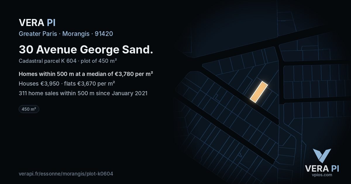 30 Avenue George Sand, Morangis at night – the plot lit, the parcels around coloured by the prices near them