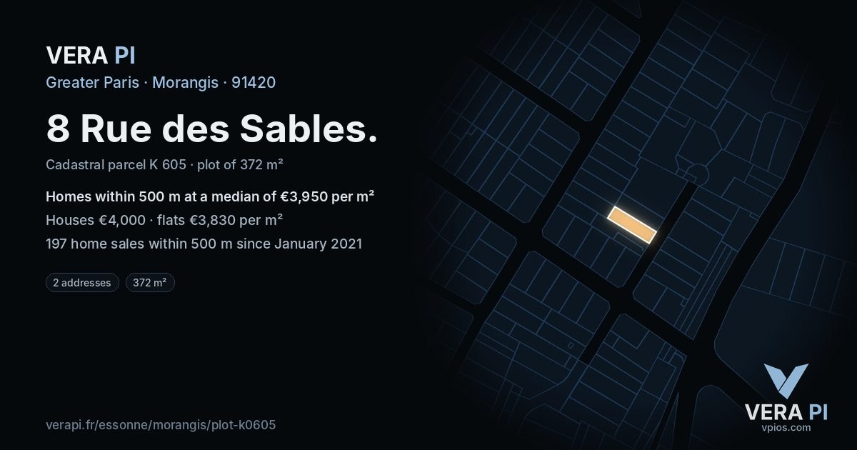 8 Rue des Sables, Morangis at night – the plot lit, the parcels around coloured by the prices near them