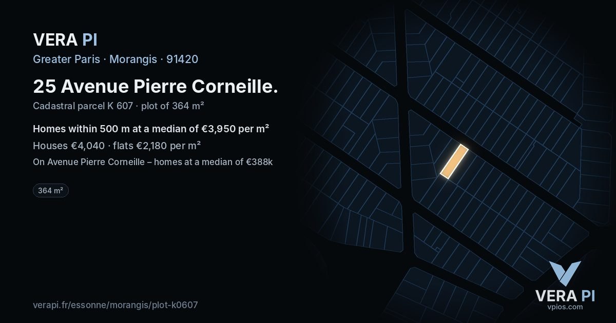 25 Avenue Pierre Corneille, Morangis at night – the plot lit, the parcels around coloured by the prices near them