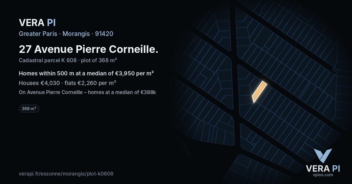 27 Avenue Pierre Corneille, Morangis at night – the plot lit, the parcels around coloured by the prices near them