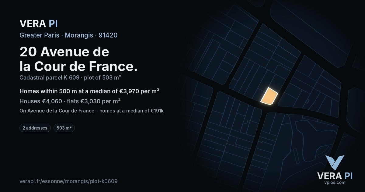 20 Avenue de la Cour de France, Morangis at night – the plot lit, the parcels around coloured by the prices near them