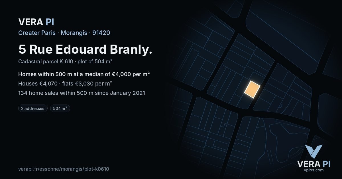 5 Rue Edouard Branly, Morangis at night – the plot lit, the parcels around coloured by the prices near them