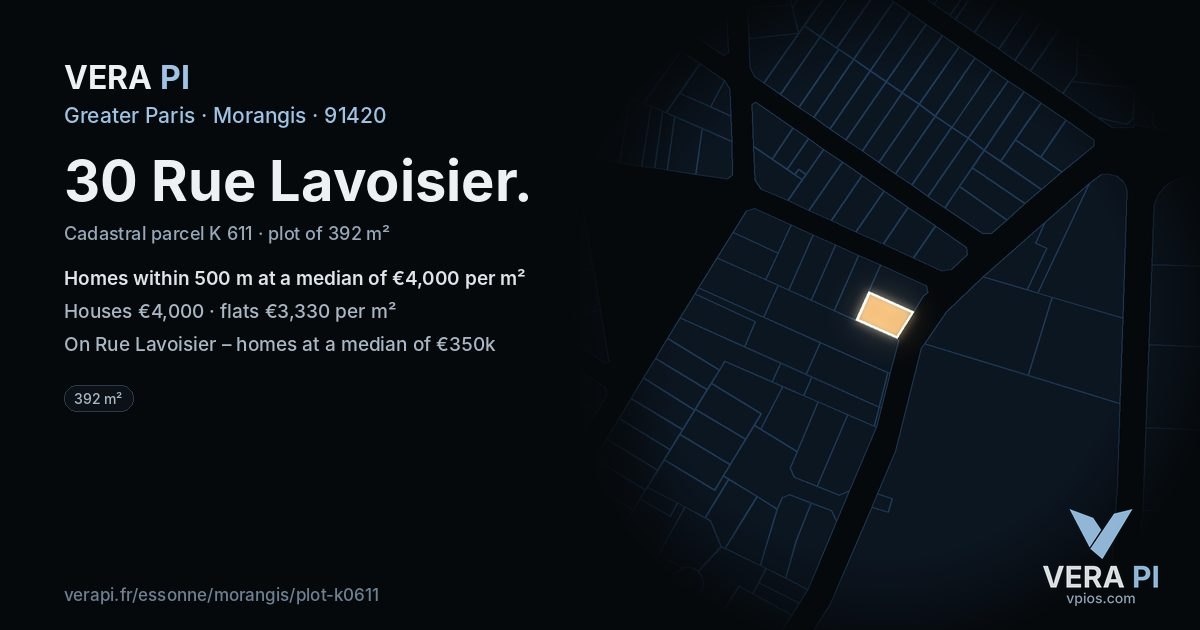 30 Rue Lavoisier, Morangis at night – the plot lit, the parcels around coloured by the prices near them