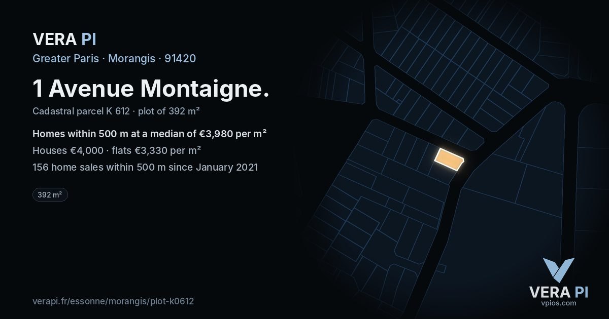 1 Avenue Montaigne, Morangis at night – the plot lit, the parcels around coloured by the prices near them