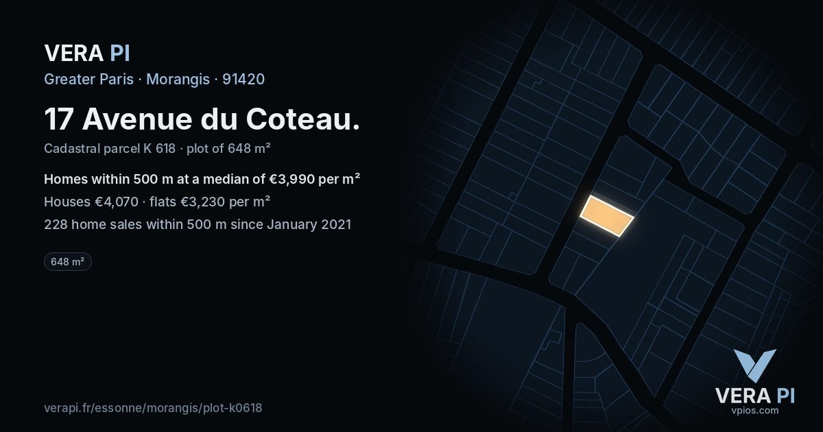 17 Avenue du Coteau, Morangis at night – the plot lit, the parcels around coloured by the prices near them