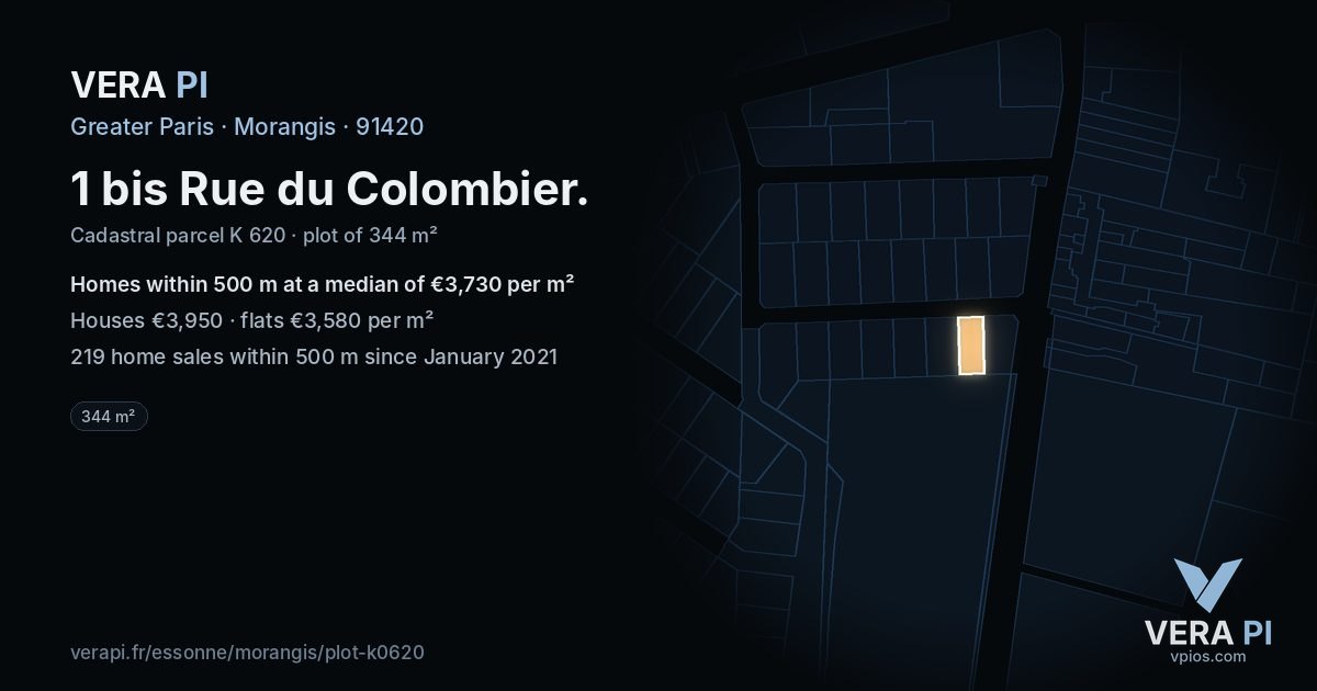 1 bis Rue du Colombier, Morangis at night – the plot lit, the parcels around coloured by the prices near them