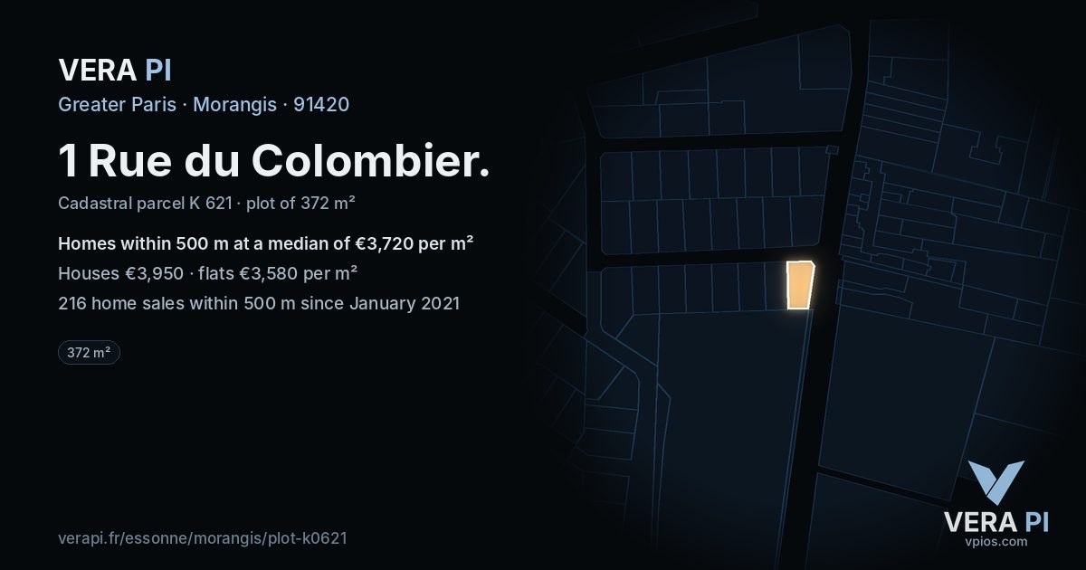 1 Rue du Colombier, Morangis at night – the plot lit, the parcels around coloured by the prices near them