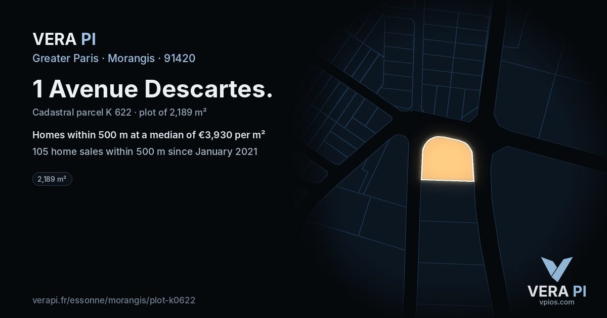 1 Avenue Descartes, Morangis at night – the plot lit, the parcels around coloured by the prices near them