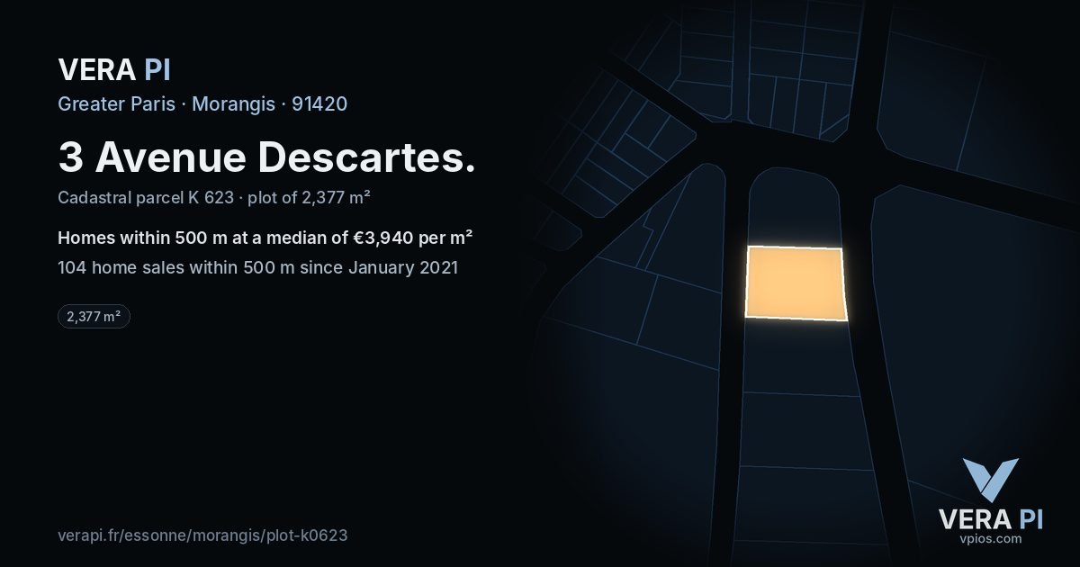 3 Avenue Descartes, Morangis at night – the plot lit, the parcels around coloured by the prices near them
