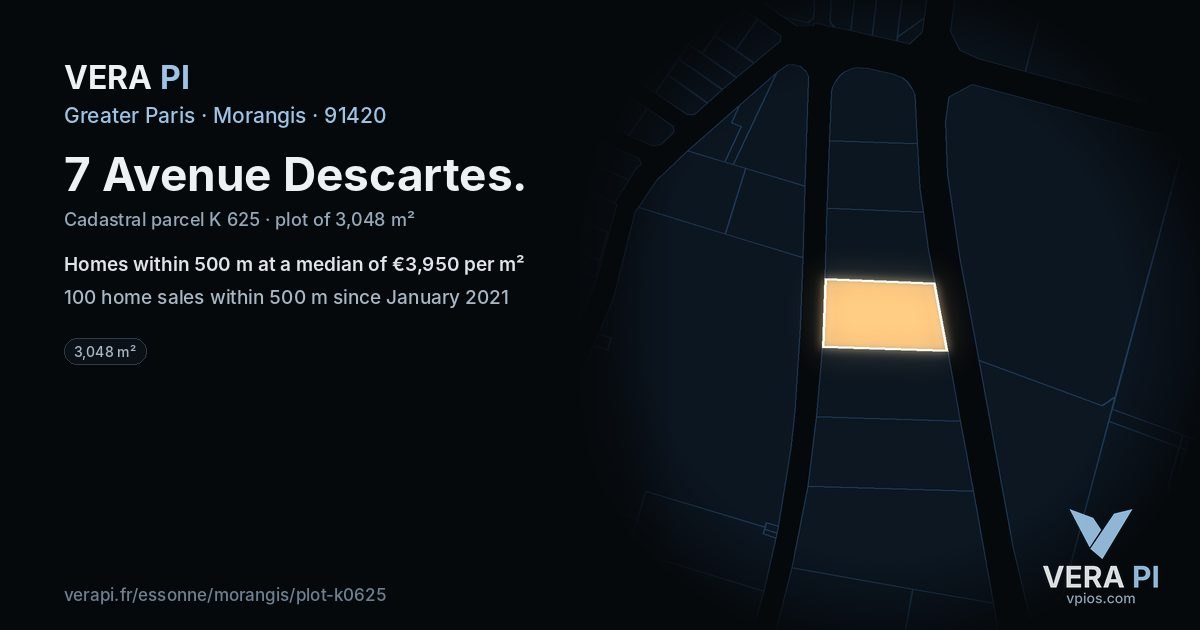 7 Avenue Descartes, Morangis at night – the plot lit, the parcels around coloured by the prices near them