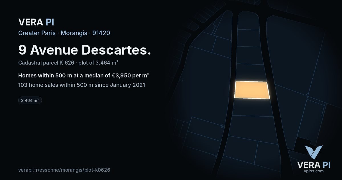9 Avenue Descartes, Morangis at night – the plot lit, the parcels around coloured by the prices near them