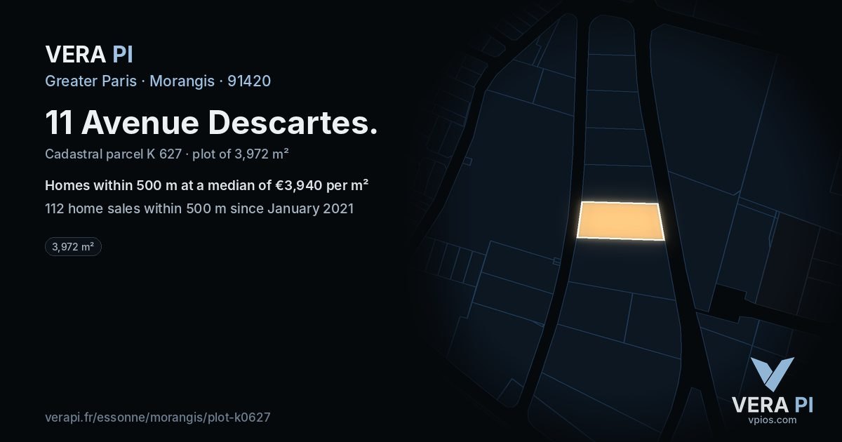 11 Avenue Descartes, Morangis at night – the plot lit, the parcels around coloured by the prices near them