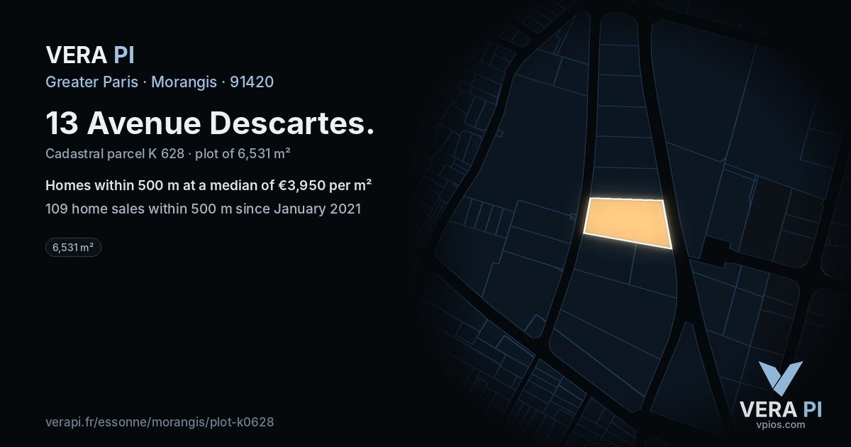 13 Avenue Descartes, Morangis at night – the plot lit, the parcels around coloured by the prices near them