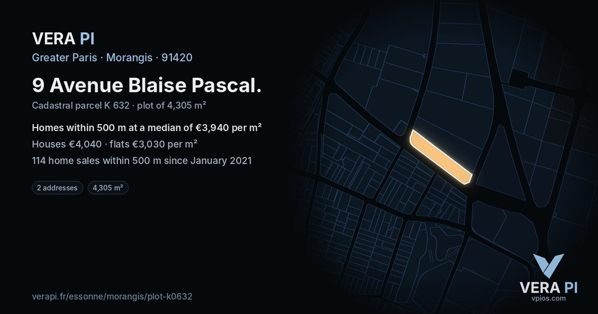 9 Avenue Blaise Pascal, Morangis at night – the plot lit, the parcels around coloured by the prices near them