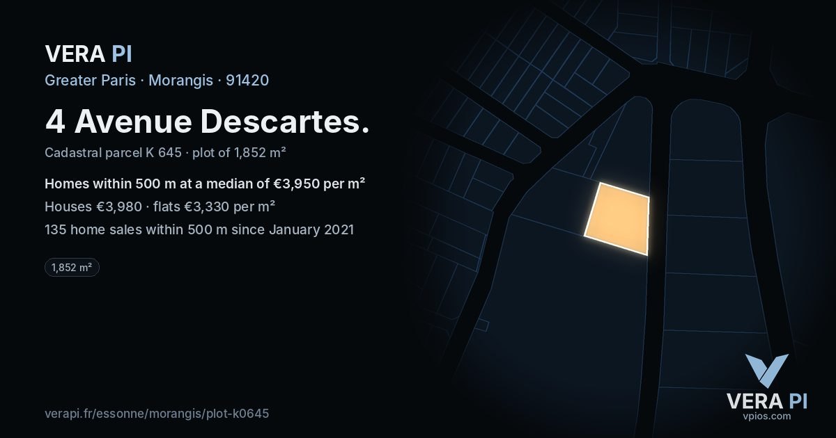 4 Avenue Descartes, Morangis at night – the plot lit, the parcels around coloured by the prices near them