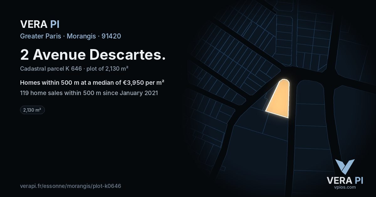 2 Avenue Descartes, Morangis at night – the plot lit, the parcels around coloured by the prices near them