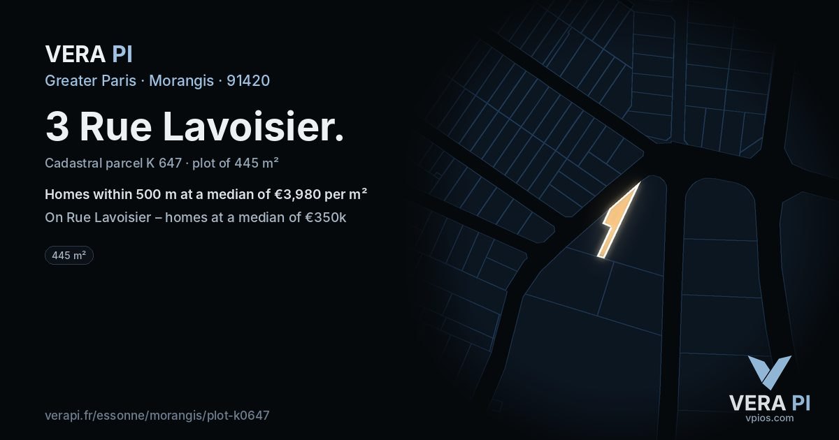 3 Rue Lavoisier, Morangis at night – the plot lit, the parcels around coloured by the prices near them