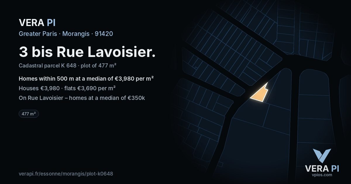 3 bis Rue Lavoisier, Morangis at night – the plot lit, the parcels around coloured by the prices near them