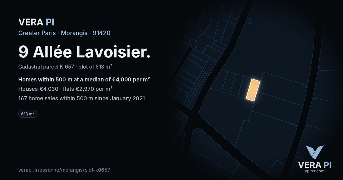 9 Allée Lavoisier, Morangis at night – the plot lit, the parcels around coloured by the prices near them