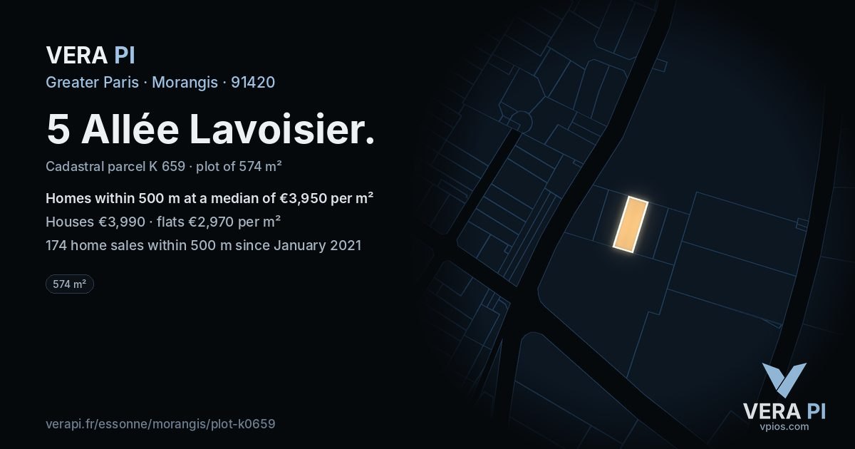 5 Allée Lavoisier, Morangis at night – the plot lit, the parcels around coloured by the prices near them