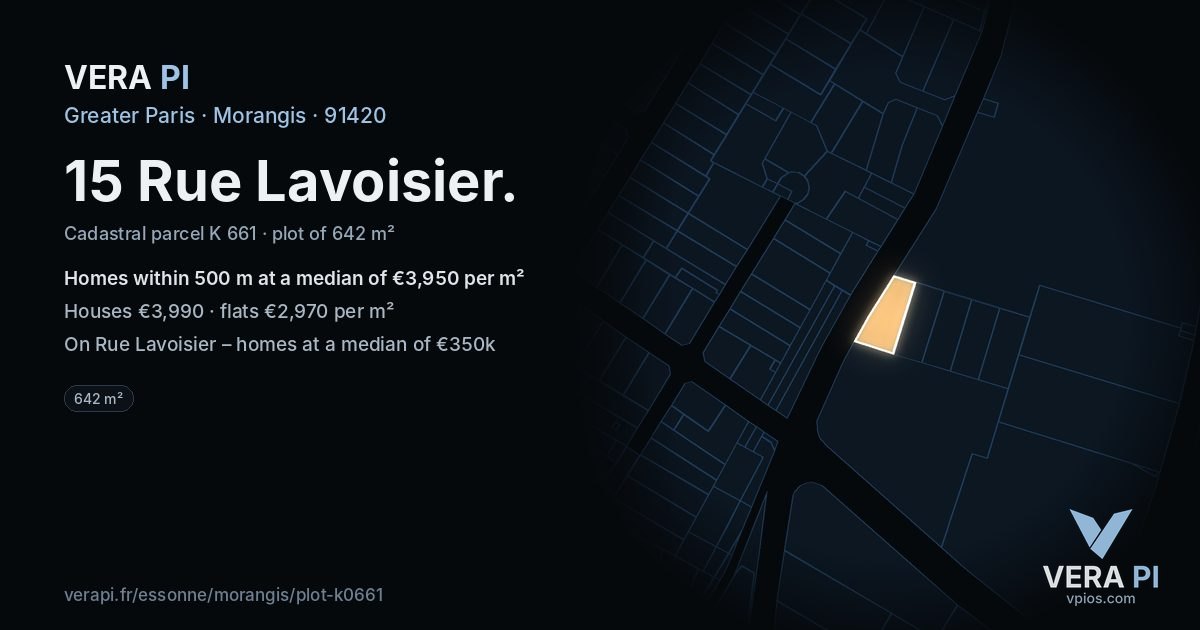 15 Rue Lavoisier, Morangis at night – the plot lit, the parcels around coloured by the prices near them
