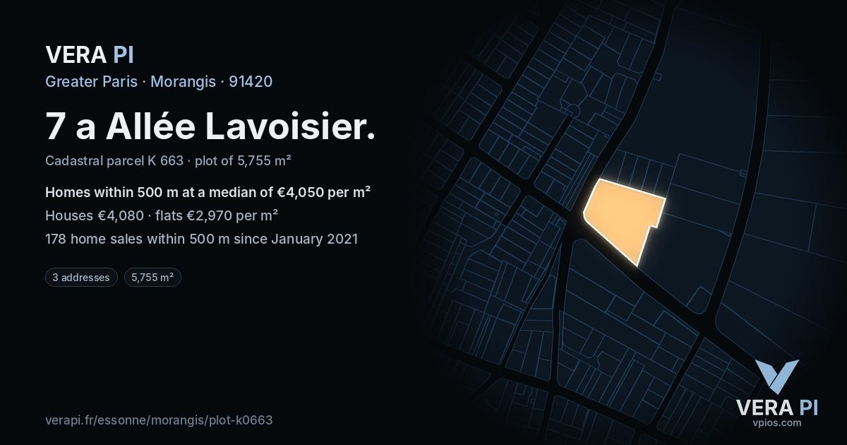 7 a Allée Lavoisier, Morangis at night – the plot lit, the parcels around coloured by the prices near them