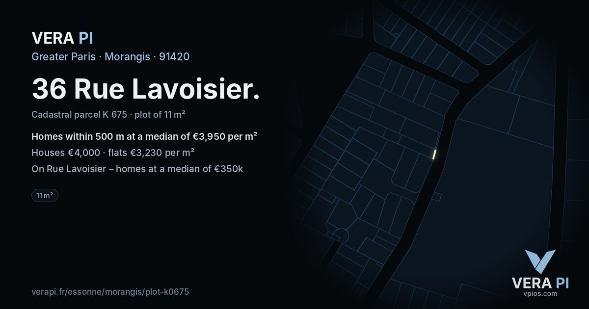 36 Rue Lavoisier, Morangis at night – the plot lit, the parcels around coloured by the prices near them