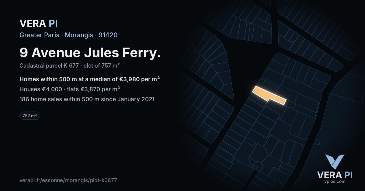 9 Avenue Jules Ferry, Morangis at night – the plot lit, the parcels around coloured by the prices near them