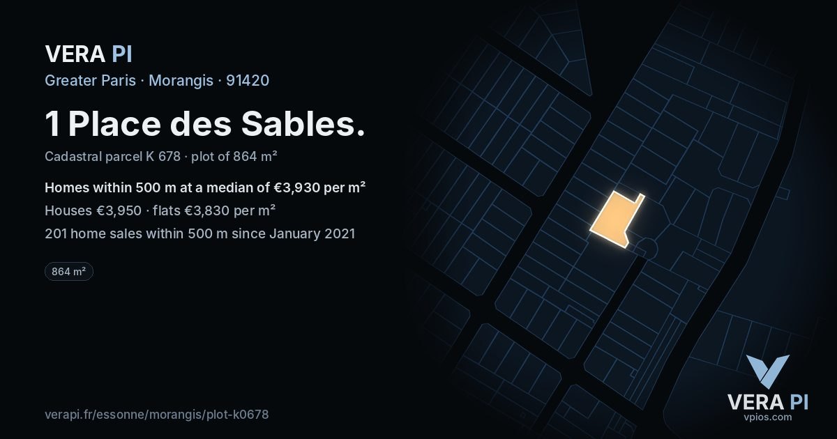 1 Place des Sables, Morangis at night – the plot lit, the parcels around coloured by the prices near them