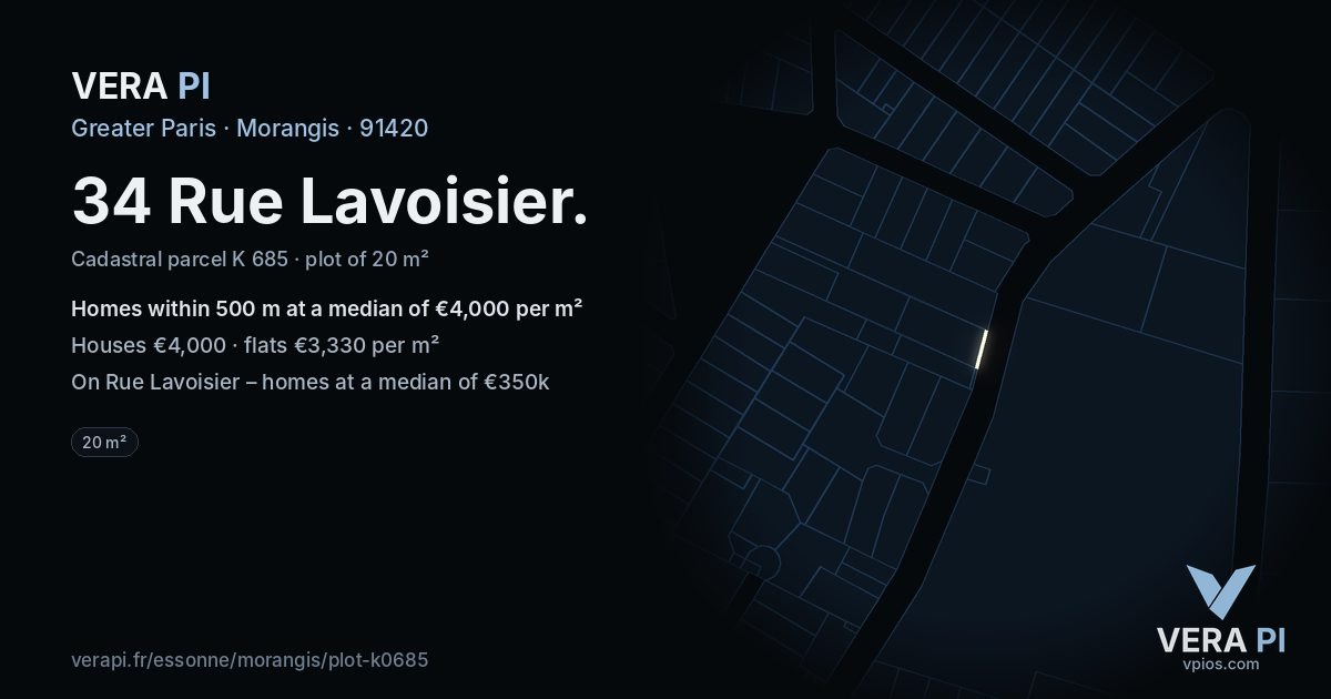 34 Rue Lavoisier, Morangis at night – the plot lit, the parcels around coloured by the prices near them