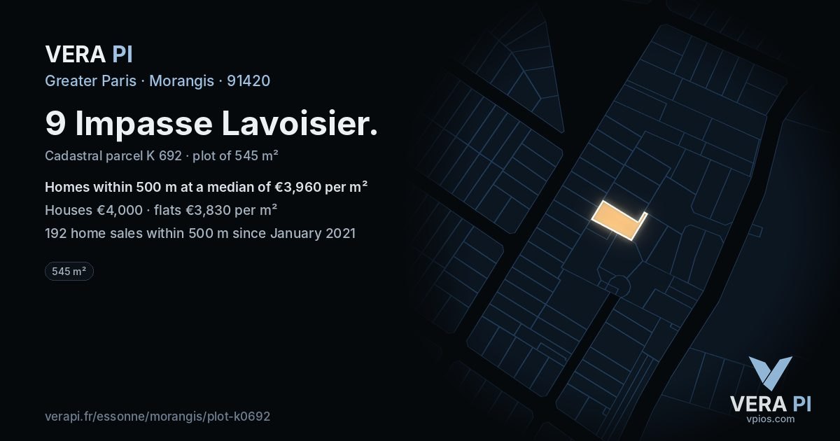 9 Impasse Lavoisier, Morangis at night – the plot lit, the parcels around coloured by the prices near them