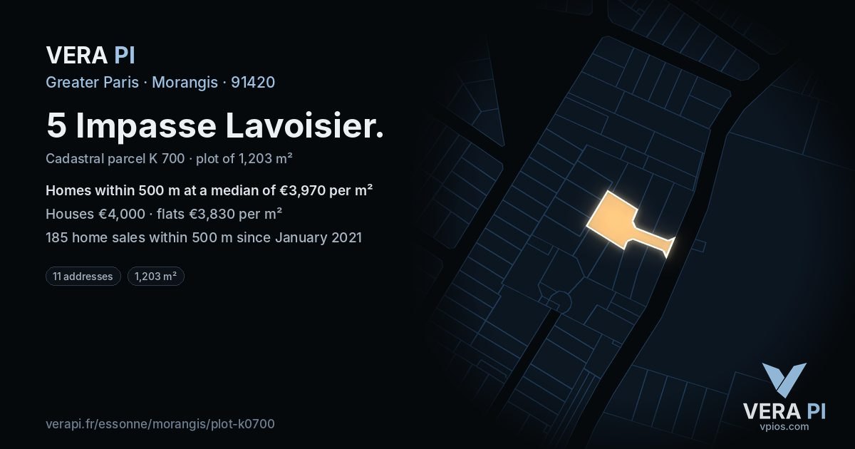 5 Impasse Lavoisier, Morangis at night – the plot lit, the parcels around coloured by the prices near them