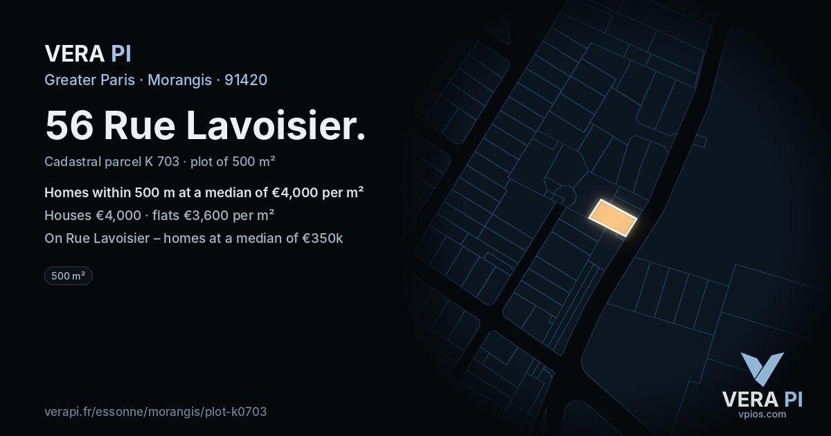 56 Rue Lavoisier, Morangis at night – the plot lit, the parcels around coloured by the prices near them