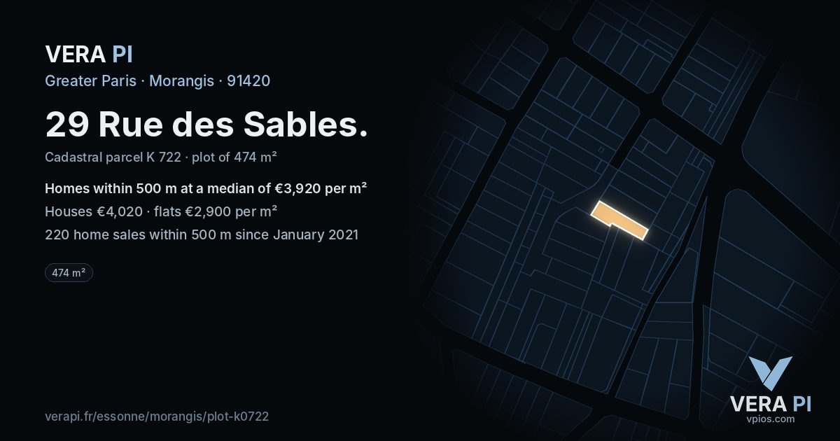 29 Rue des Sables, Morangis at night – the plot lit, the parcels around coloured by the prices near them