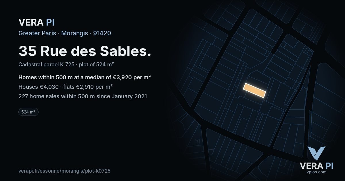 35 Rue des Sables, Morangis at night – the plot lit, the parcels around coloured by the prices near them
